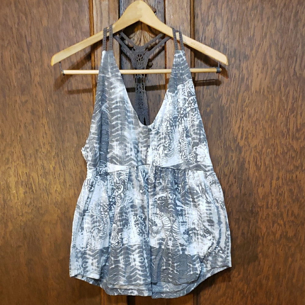 Route 66 Gray and White Patterned Crochet-Back Tank Top